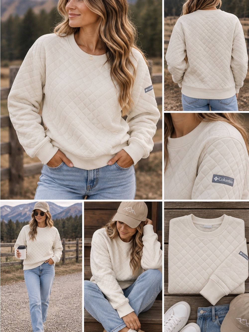 Columbia Quilted Crewneck Sweatshirt in Cream
